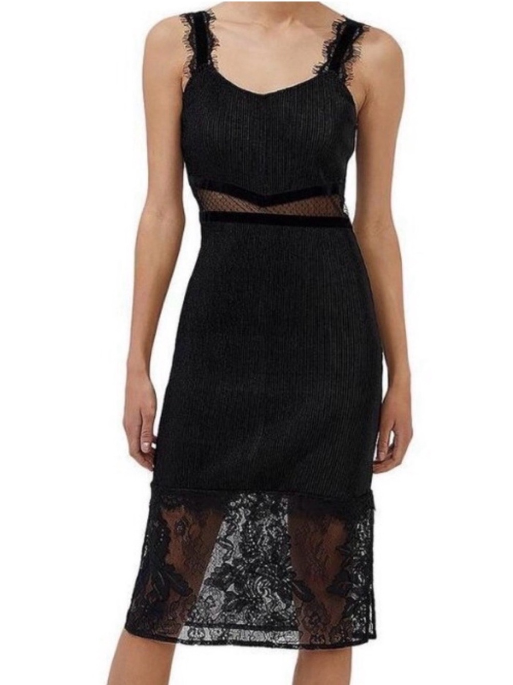 NWT French Connection Black Lace-Trim Midi Dress. Sexy, lace accents! SIZE 4